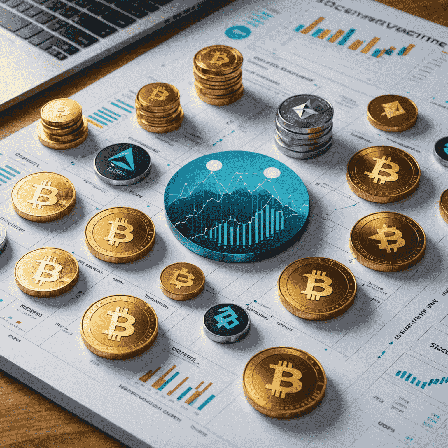 Grafické znázornění digitálních investic, zobrazující různé ikony reprezentující kryptoměny, blockchain a další digitální aktiva na pozadí rostoucího grafu